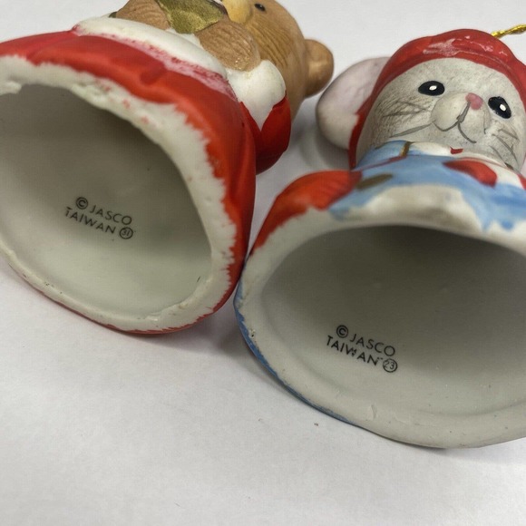 2/Two Jasco 1980 Critter Bells Mouse & Bear Porcelain Christmas Bell Vintage - Picture 8 of 12